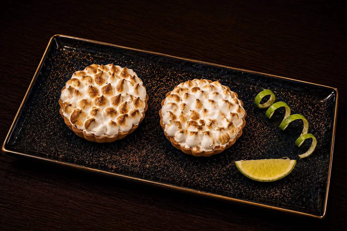 Tartaletas de pie de limón con merengue italiano tostado sobre bandeja negra